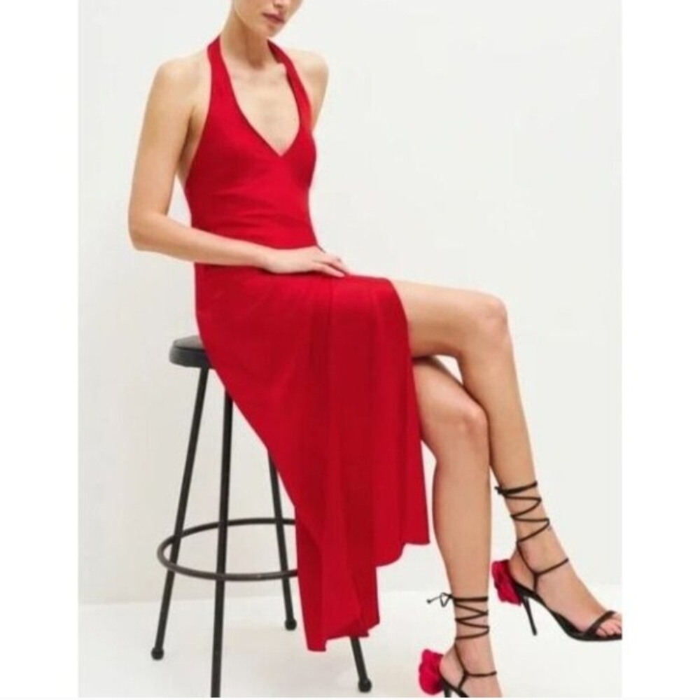 Reformation Satin Red Halter Dress